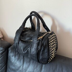 David Jones Black Leather Satchel with Gold Studs